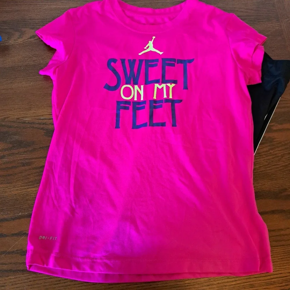 Jordan Pink Dri-FIT Tee & Adidas Black Logo Leggings Set Girls XL 16 13-15Y